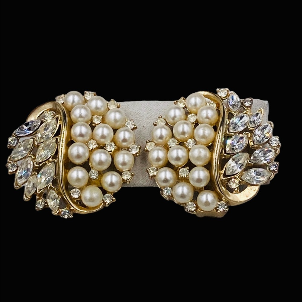 Fabulous Large Trifari Rhinestone Faux Pearl Earrings